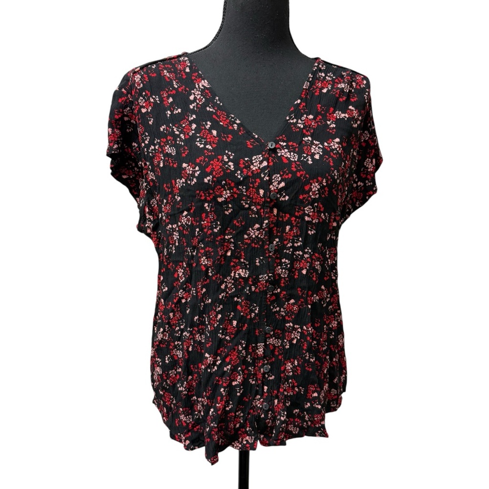 Liz Claiborne Black Red Floral Button Front Blouse XL Boho Casual Top